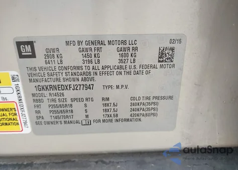 2015 GMC Acadia Sle-1 from USA, damaged, VIN 1GKKRNEDXFJ277947